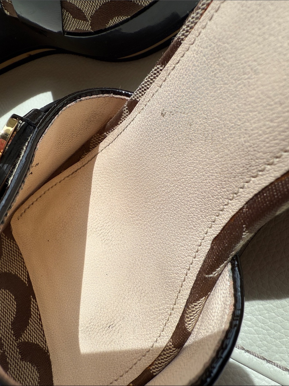Coach Geri Wedge Sandals Signature Logo Canvas and Patent Leather Trim. - Picture 15 of 17